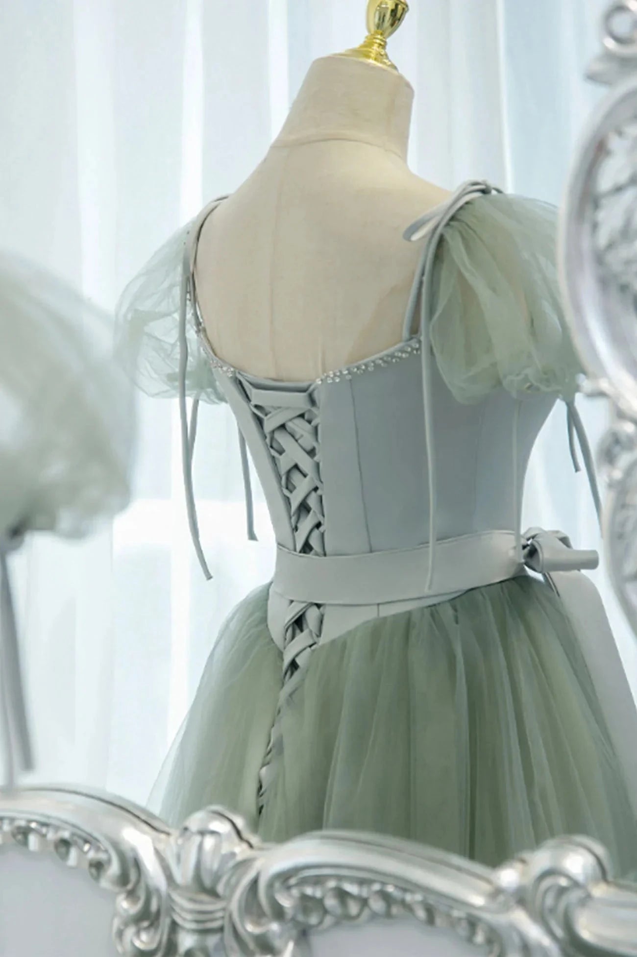 Green Tulle Long A-Line Prom Dress Cute Short Sleeve Graduation Dress simple gentle atmospheric and unique desi Bring summer colors to enhance whitenes by YiHuiw