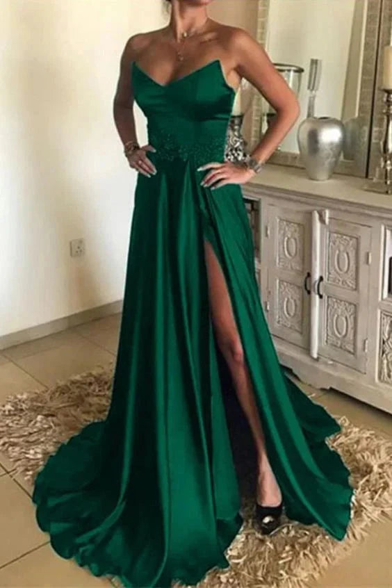 Green satin dress, strapless design, waist cinched high slit skirt suitable for dinners, dances and other occasions by YiHuiw