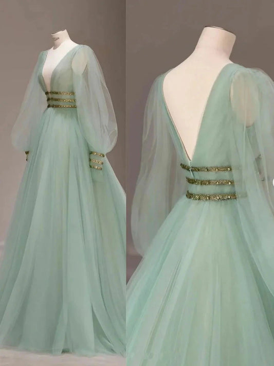 Green v neck tulle sequin long prom dress, green evening dress simple gentle atmospheric and unique desi Bring summer colors to enhance whiteness by YiHuiw