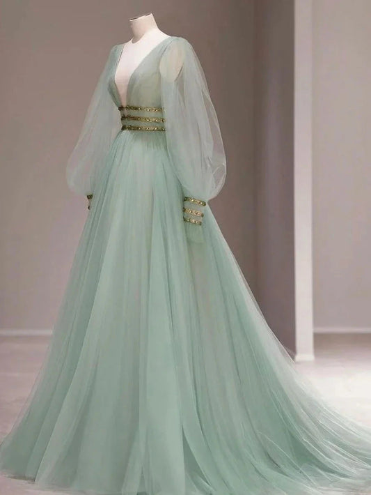 Green v neck tulle sequin long prom dress, green evening dress simple gentle atmospheric and unique desi Bring summer colors to enhance whiteness by YiHuiw
