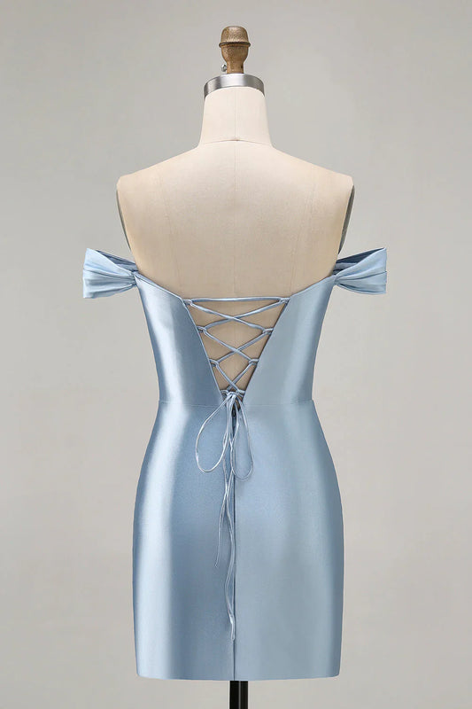 Sky Blue Satin Off-the-Shoulder Homecoming Dress with Ruched Bodycon Silhouette
