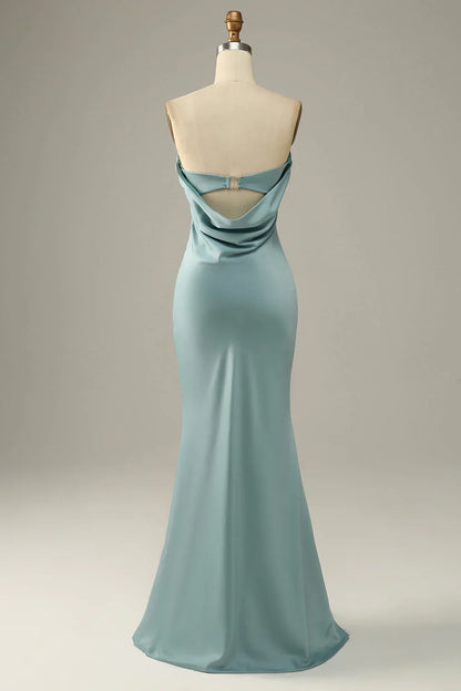 Elegant Ice Blue Satin Mermaid Prom Dress with Strapless Neckline and Open Back – Formal Evening Gown