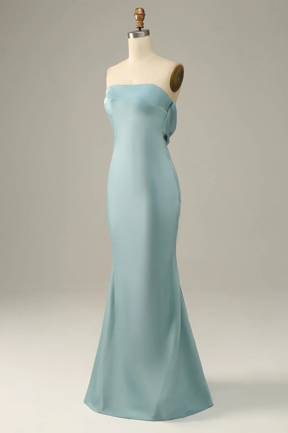 Elegant Ice Blue Satin Mermaid Prom Dress with Strapless Neckline and Open Back – Formal Evening Gown