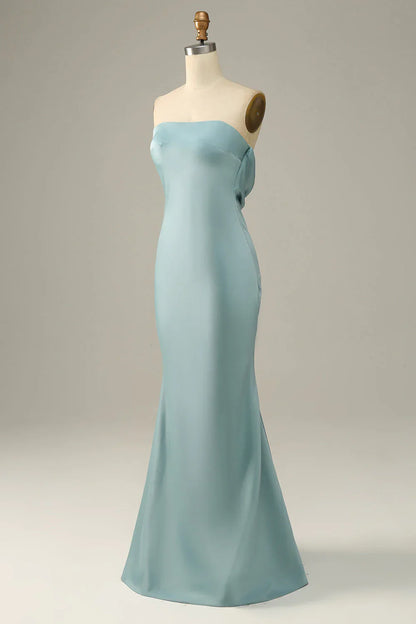 Elegant Ice Blue Satin Mermaid Prom Dress with Strapless Neckline and Open Back – Formal Evening Gown