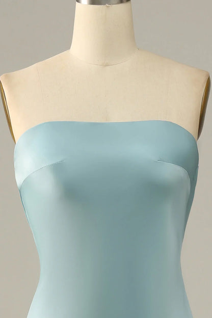 Elegant Ice Blue Satin Mermaid Prom Dress with Strapless Neckline and Open Back – Formal Evening Gown