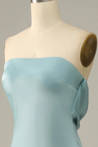 Elegant Ice Blue Satin Mermaid Prom Dress with Strapless Neckline and Open Back – Formal Evening Gown