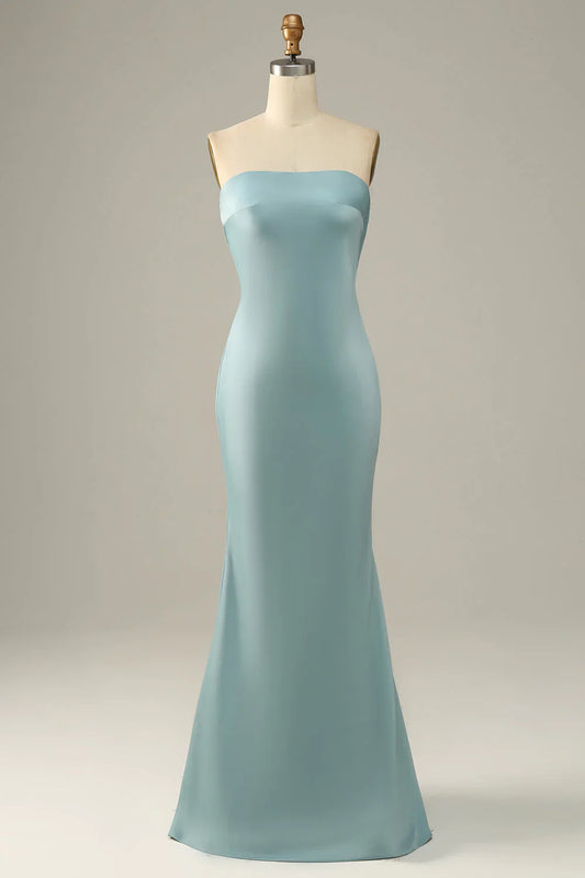 Elegant Ice Blue Satin Mermaid Prom Dress with Strapless Neckline and Open Back – Formal Evening Gown