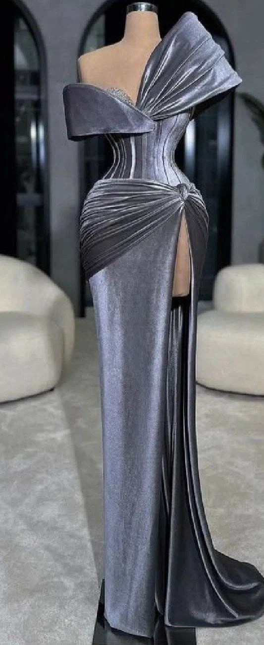 Grey purple velvet dress with asymmetrical off shoulder design and single-sided large ruffle edge decoration by YiHuiw