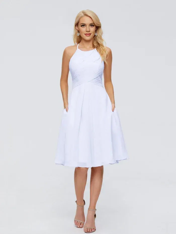 A-Line Halter Chiffon Ruched Knee-Length Wedding Dress - Yihuiw by Yihuiw