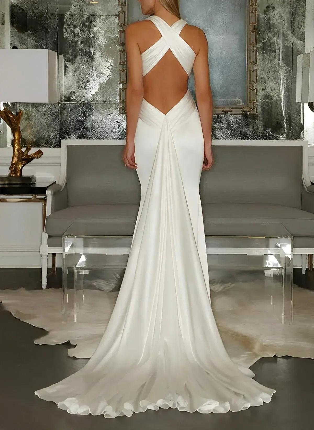 Mermaid Halter Satin Wrap Wedding Dress - Yihuiw by Yihuiw