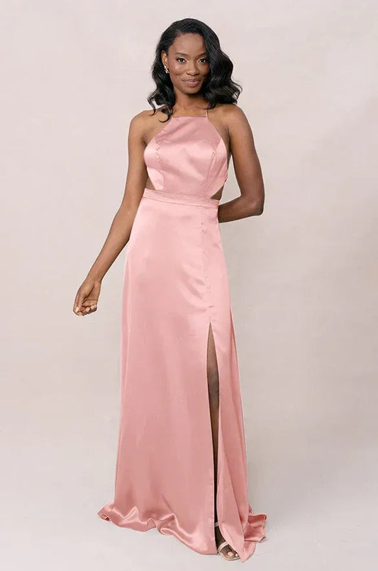 A-Line Halter Satin High Slit Wedding Dress - Yihuiw by Yihuiw