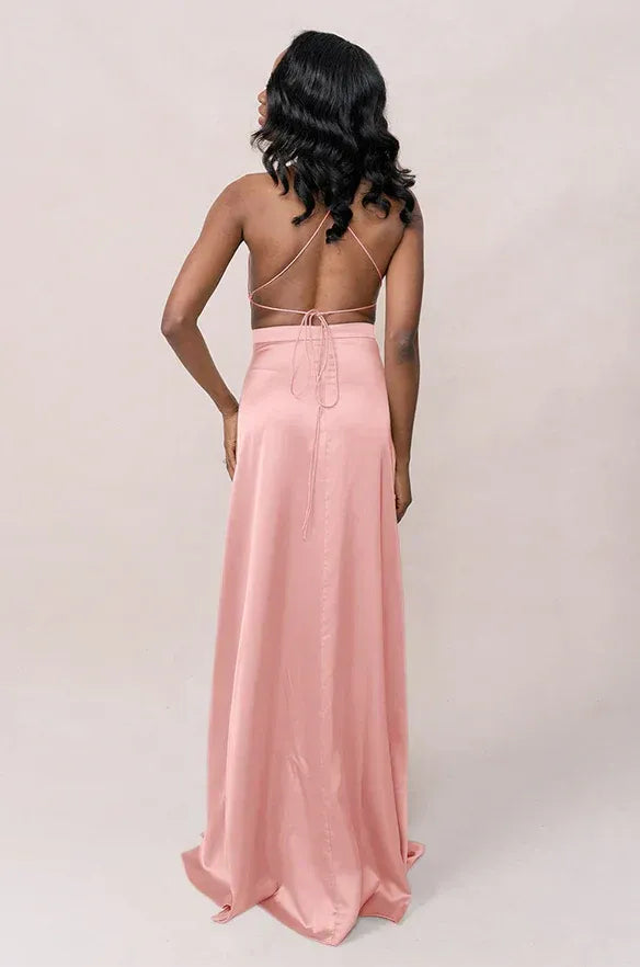 A-Line Halter Satin High Slit Wedding Dress - Yihuiw by Yihuiw
