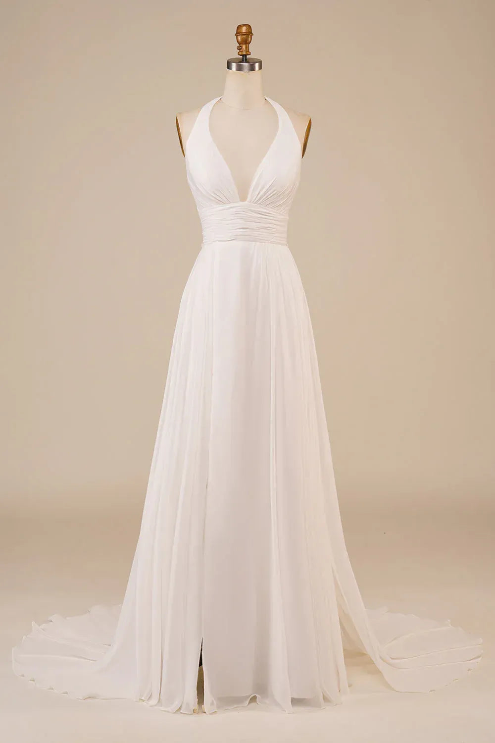 A-Line Halter Chiffon Open Back High Slit Wedding Dress - Yihuiw by Yihuiw