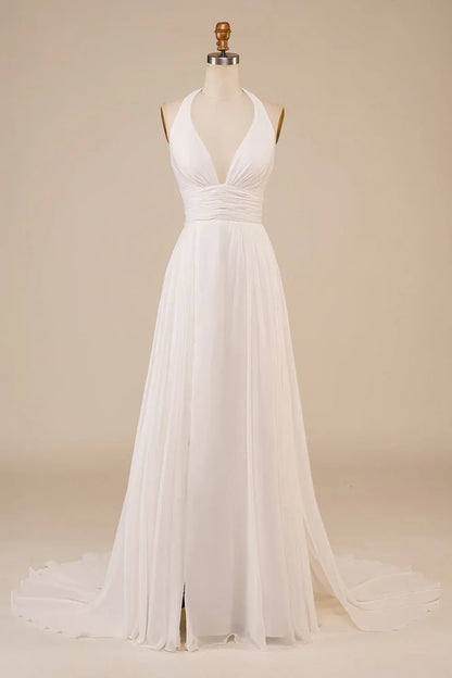 A-Line Halter Chiffon Open Back High Slit Wedding Dress - Yihuiw by Yihuiw