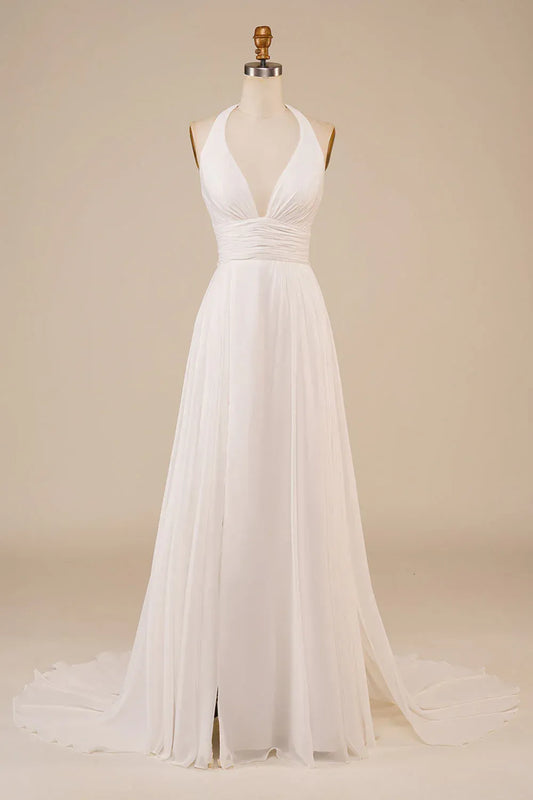 A-Line Halter Chiffon Open Back High Slit Wedding Dress - Yihuiw by Yihuiw