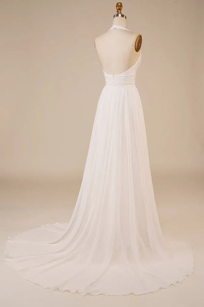 A-Line Halter Chiffon Open Back High Slit Wedding Dress - Yihuiw by Yihuiw