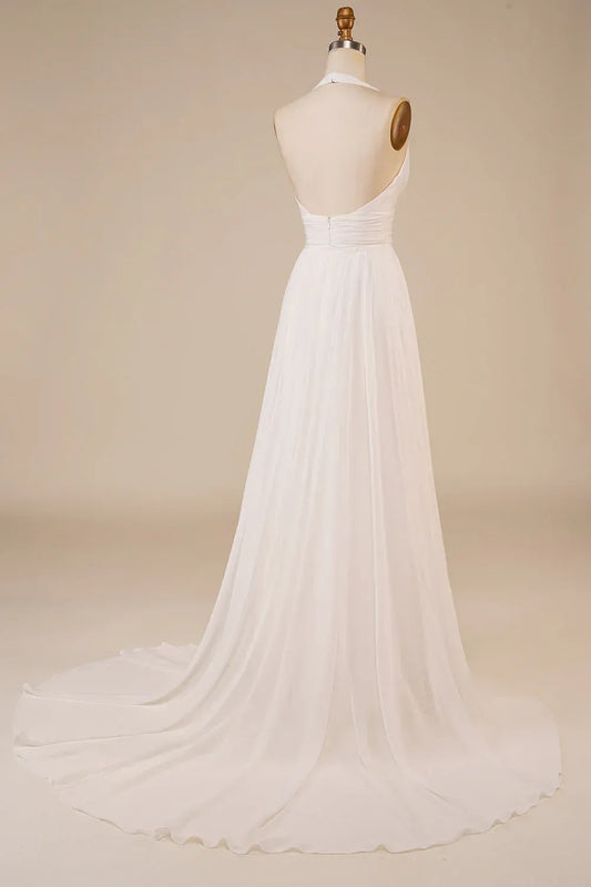 A-Line Halter Chiffon Open Back High Slit Wedding Dress - Yihuiw by Yihuiw