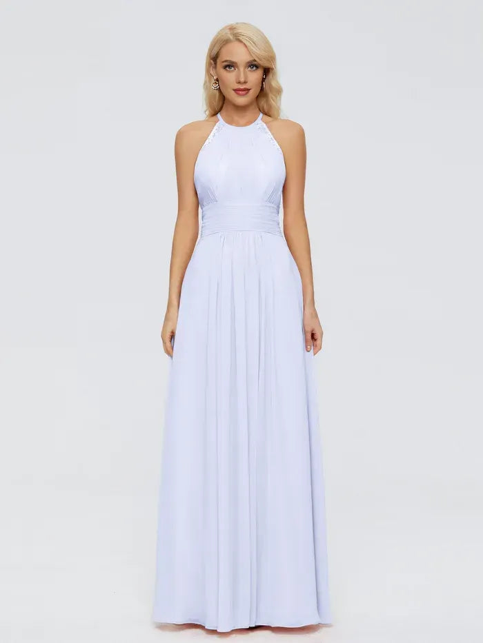 A-Line Halter Chiffon Open Back Ruched Wedding Dress - Yihuiw by Yihuiw