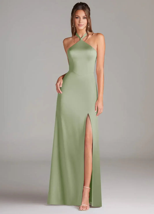 Halter Satin High Slit Wedding Dress - Yihuiw by Yihuiw