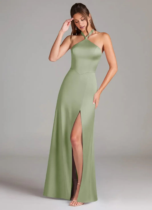 Halter Satin High Slit Wedding Dress - Yihuiw by Yihuiw