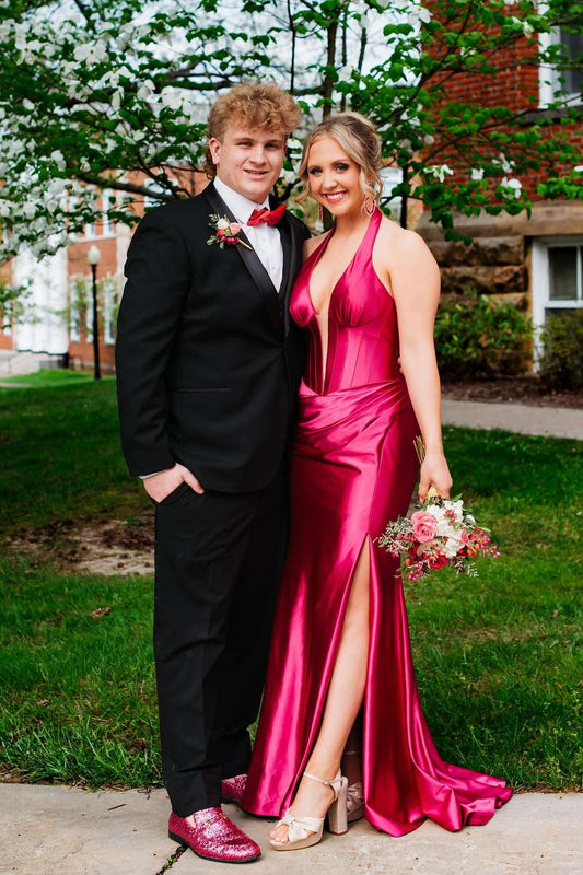 Halter-Neck Satin Prom Dress with Plunge V-Neck, High Thigh Slit & Low Open Back by JiMiss Dresses