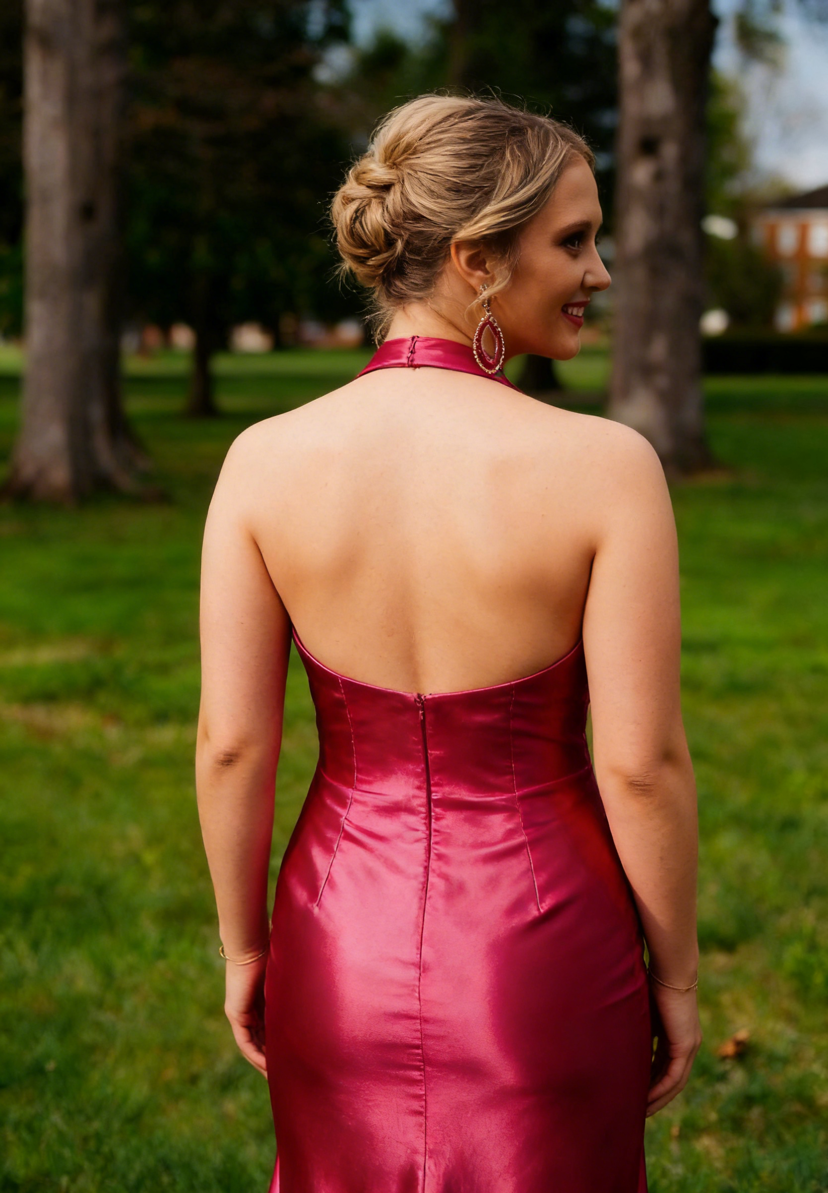 Halter-Neck Satin Prom Dress with Plunge V-Neck, High Thigh Slit & Low Open Back by JiMiss Dresses