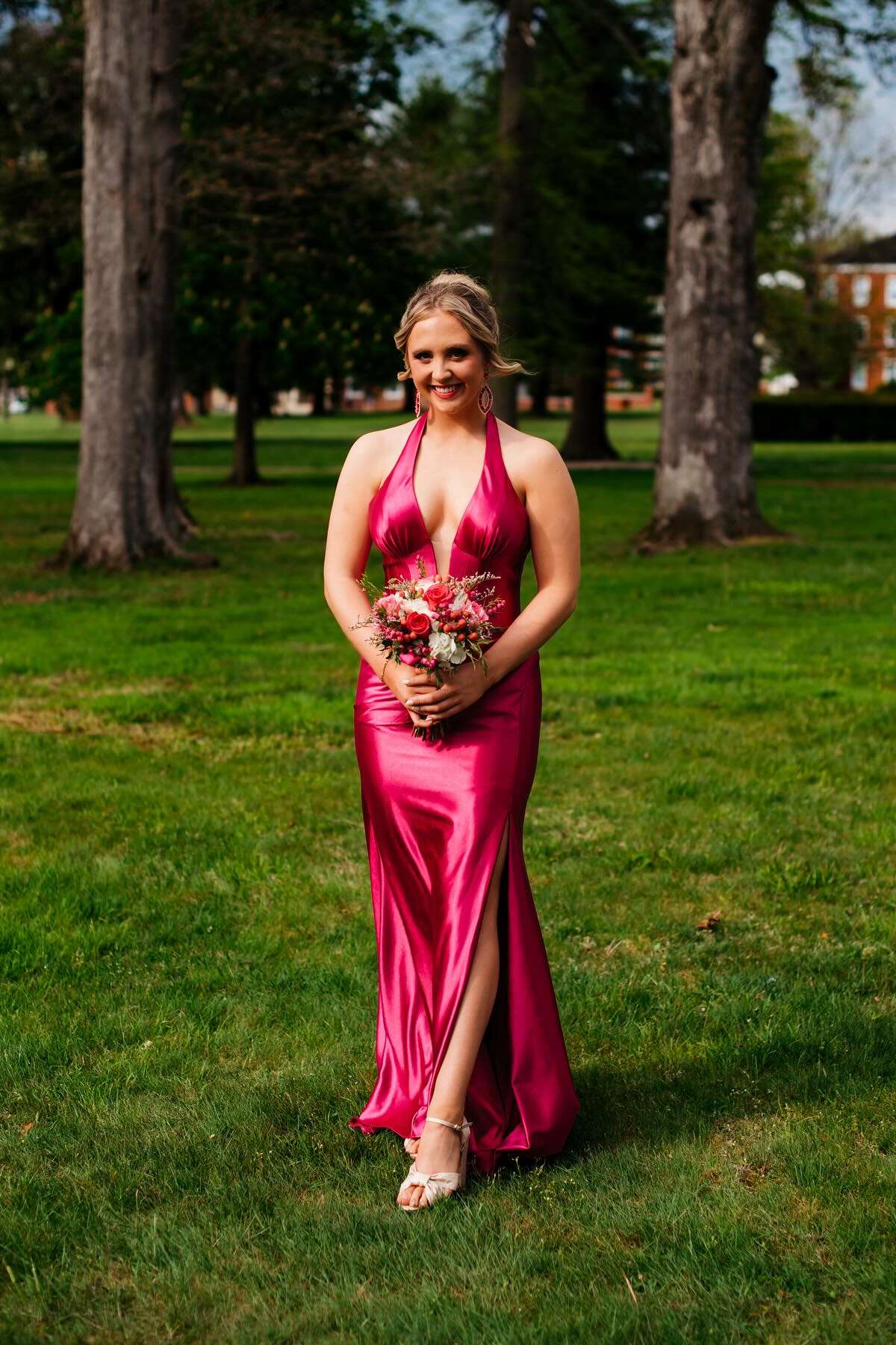 Halter-Neck Satin Prom Dress with Plunge V-Neck, High Thigh Slit & Low Open Back by JiMiss Dresses