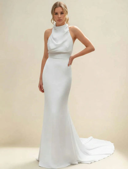 Halter-Neck Satin Wedding Dress with Cowl Bodice, Low Drape Back & Mermaid Train