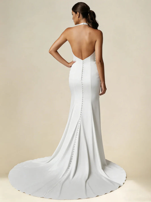 Halter-Neck Satin Wedding Dress with Ruched Bodice, High Thigh Slit & Low Cowl Back