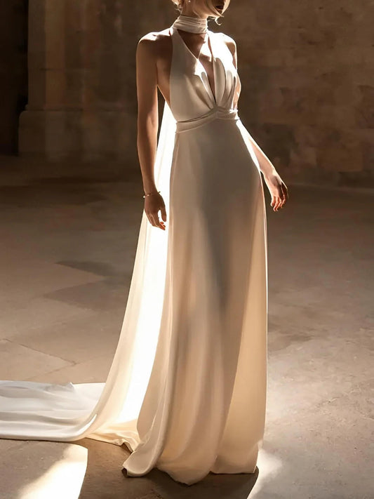 Halter-Neck Satin Wedding Dress with Choker Detail Deep V-Bodice Open Back & Chapel Train