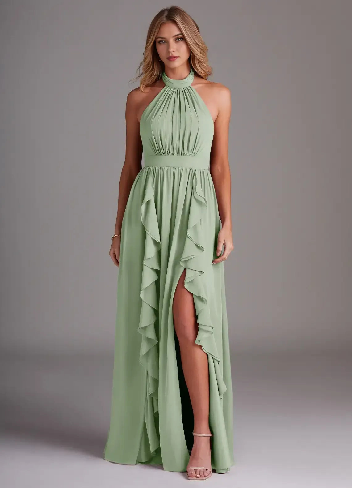 A-Line Halter Chiffon High Slit Wedding Dress - Yihuiw by Yihuiw