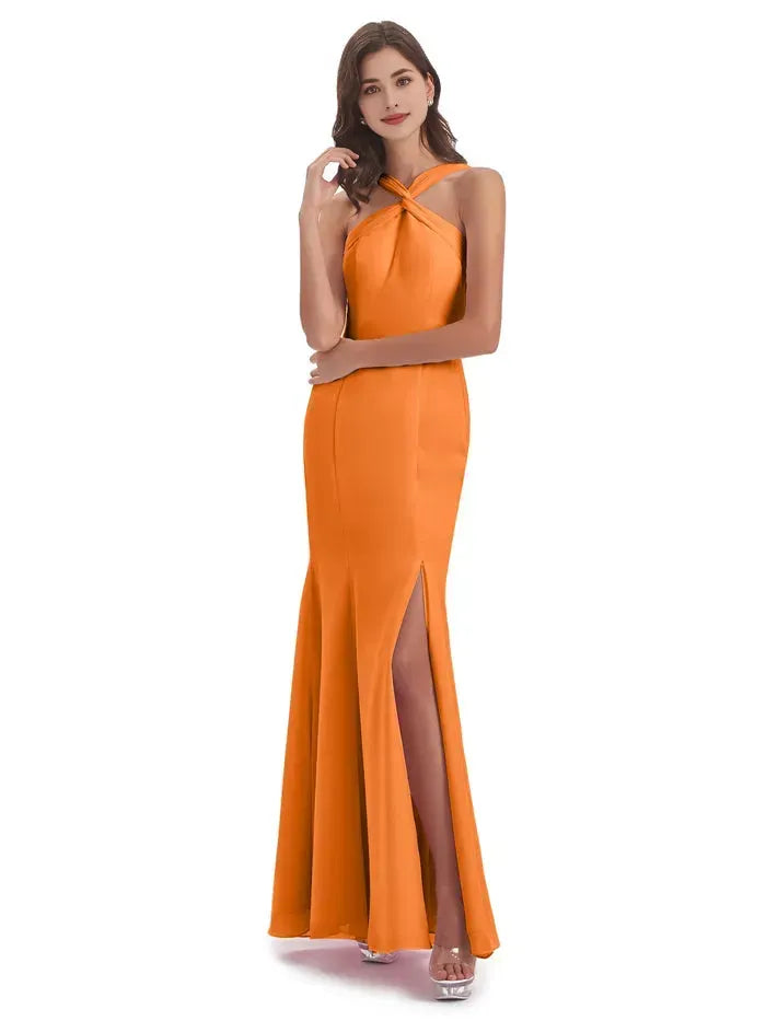 Mermaid Halter Satin High Slit Wedding Dress - Yihuiw by Yihuiw