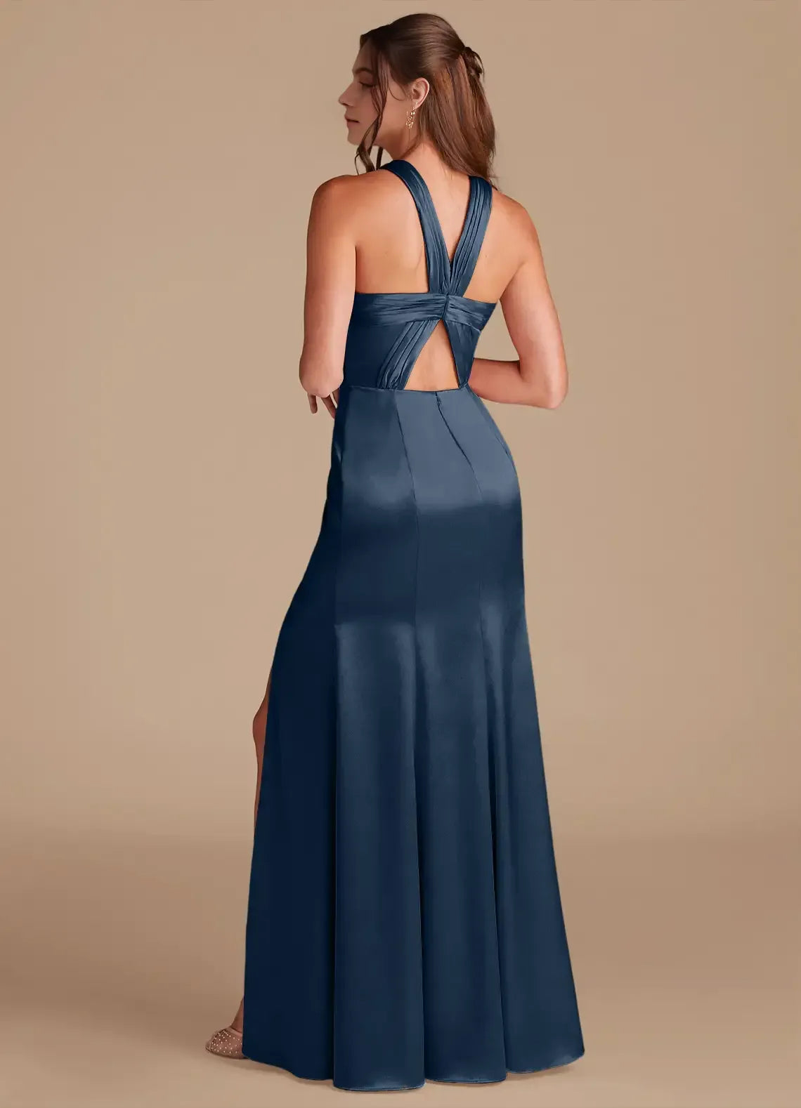 Mermaid Halter Satin Open Back High Slit Wedding Dress - Yihuiw by Yihuiw