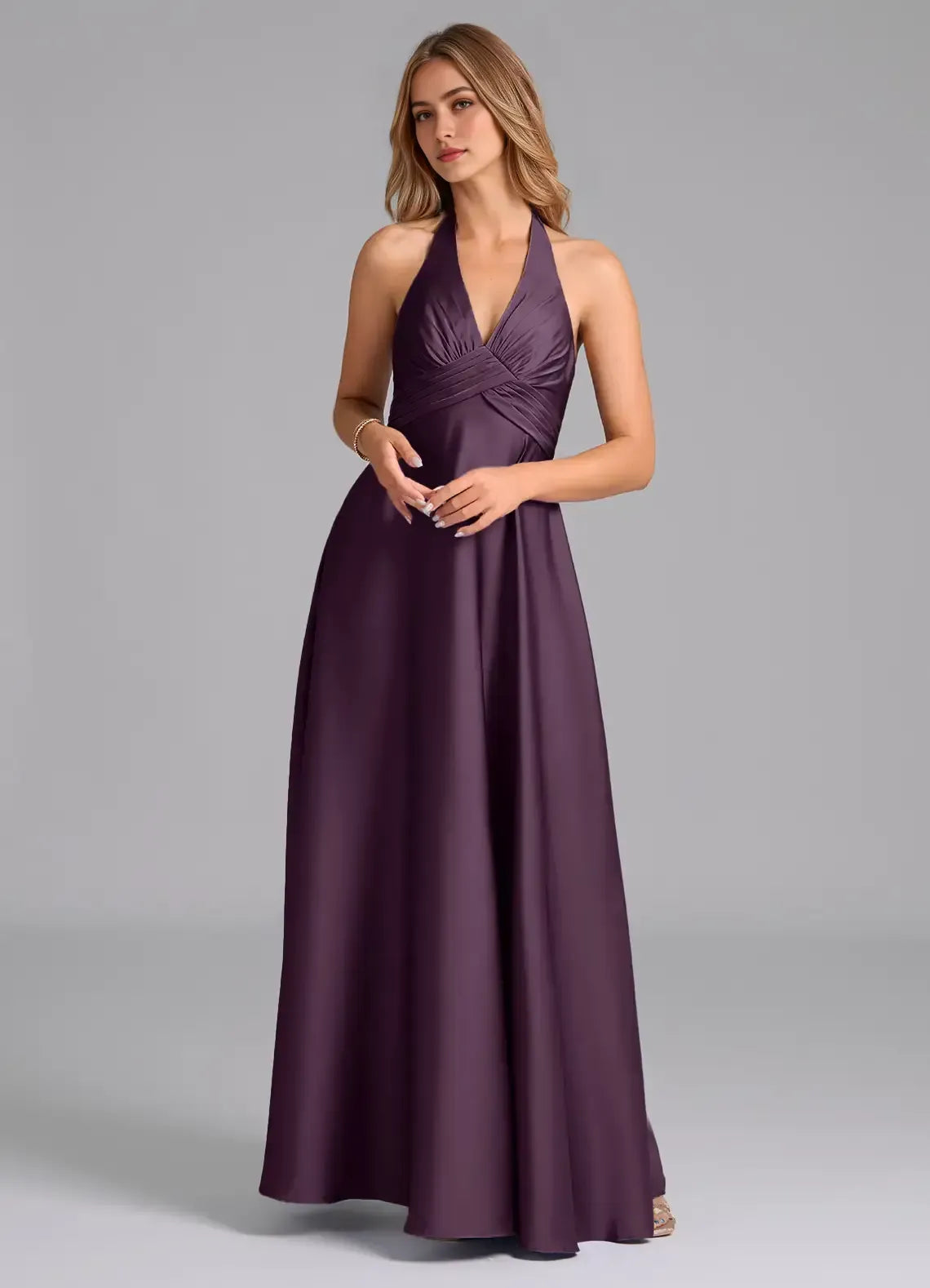 A-Line Halter Satin Open Back Ruched Wedding Dress - Yihuiw by Yihuiw
