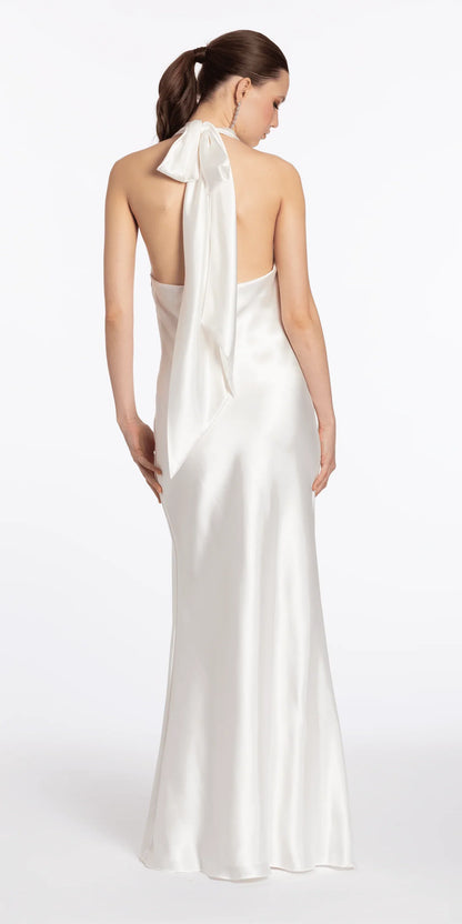 Halter Cowl Neck Satin Mermaid Evening Dresses with Back Bow Tie and Open Back Design