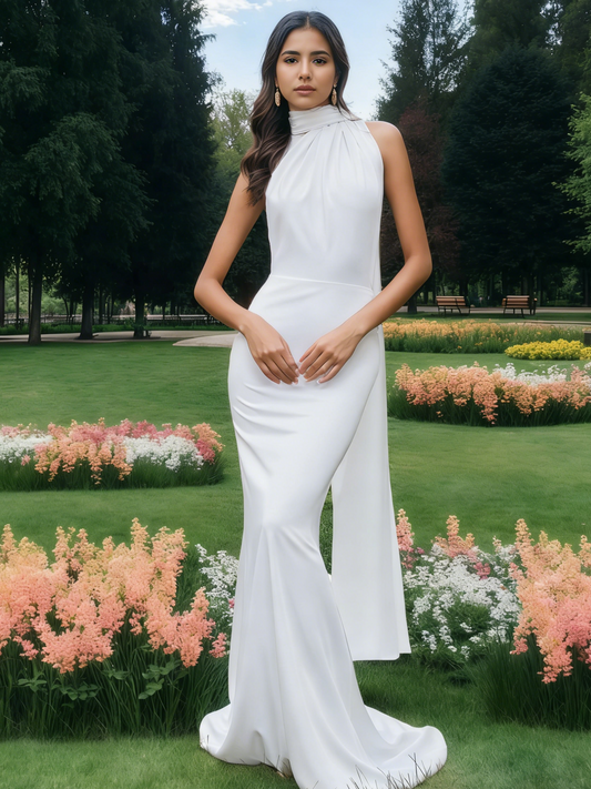 Halter Neck Draped Scarf Backless Mermaid Wedding Dress Sweep Train Satin Bridal Dress