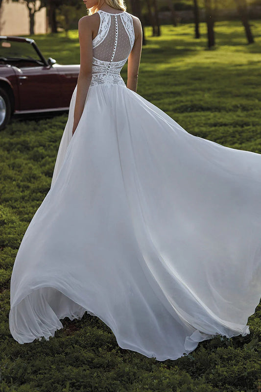 Halter Neck Lace Applique Chiffon A-Line Wedding Dress with Sheer Back & Chapel Train