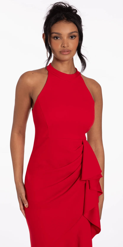 Vestidos de noche de sirena con cuello halter, detalle de volantes, bajo asimétrico y cremallera trasera