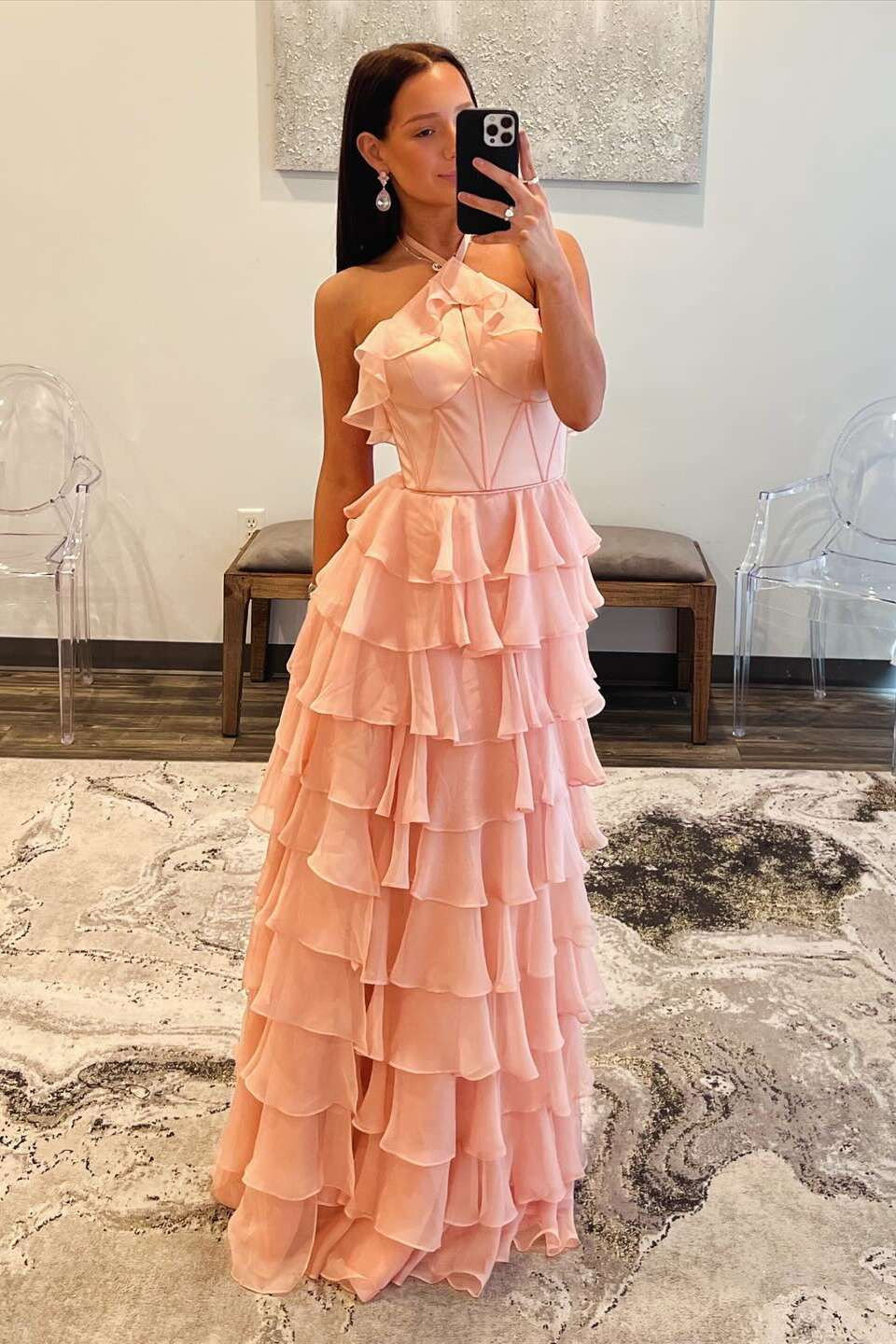 Halter Neck Ruffled Tiered Prom Dress with Keyhole Detail, Open Back & High Front Slit by JiMiss Dresses