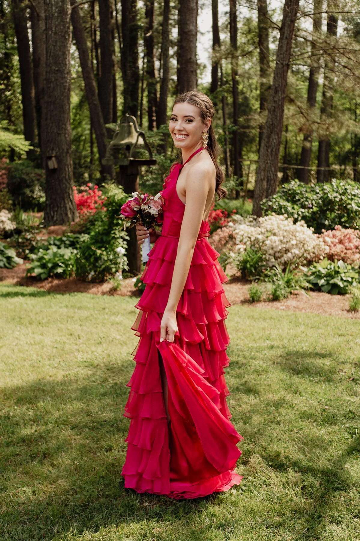Halter Neck Ruffled Tiered Prom Dress with Keyhole Detail, Open Back & High Front Slit by JiMiss Dresses