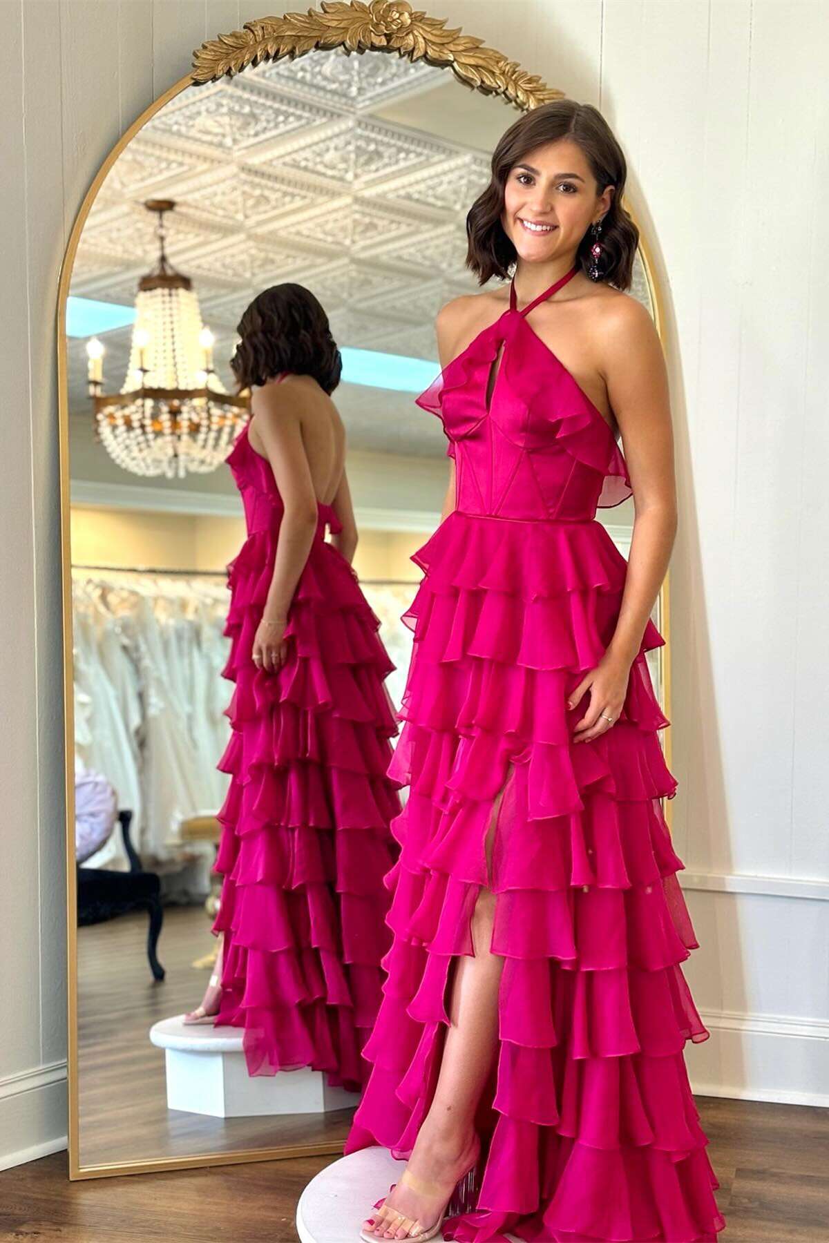 Halter Neck Ruffled Tiered Prom Dress with Keyhole Detail, Open Back & High Front Slit by JiMiss Dresses