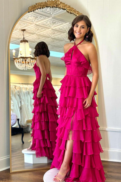 Halter Neck Ruffled Tiered Prom Dress with Keyhole Detail, Open Back & High Front Slit by JiMiss Dresses