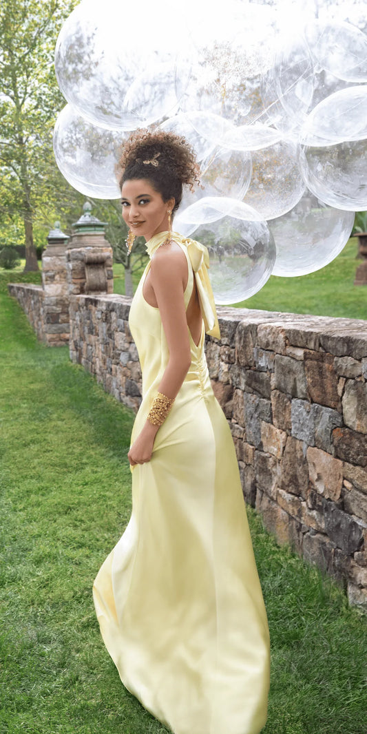 Halter Neck Satin Mermaid Evening Dresses with Back Bow Tie Detail and Open Back Design