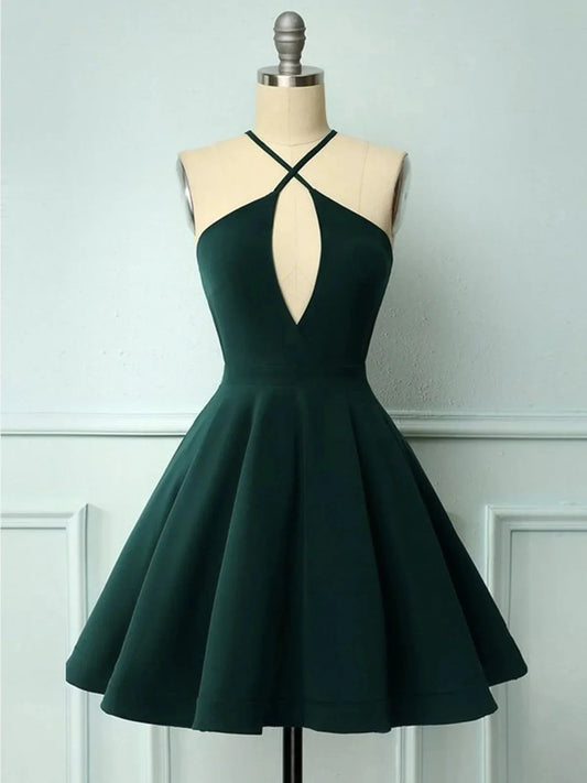 Halter Neck Short Dark Green Prom Dresses, Short Dark Green Formal Graduation Homecoming Dresses simple gentle atmospheric and unique desi Bring summer colors to enhance whiteness by YiHuiw
