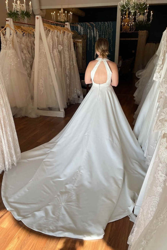 Halter Neck Wedding Dresses with Deep V-Neck, Oversized Back Bow and Full Satin Train Bridal Gown by LANQI DRESS