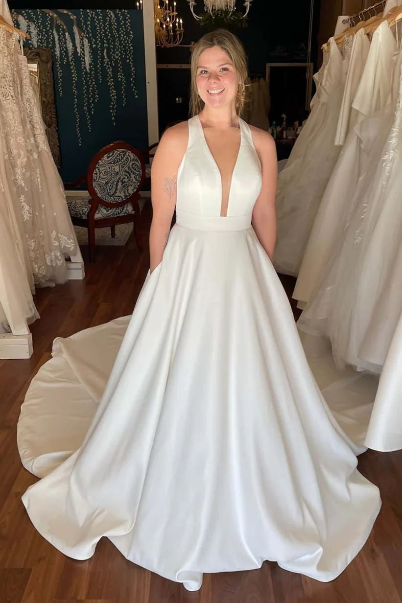 Halter Neck Wedding Dresses with Deep V-Neck, Oversized Back Bow and Full Satin Train Bridal Gown by LANQI DRESS