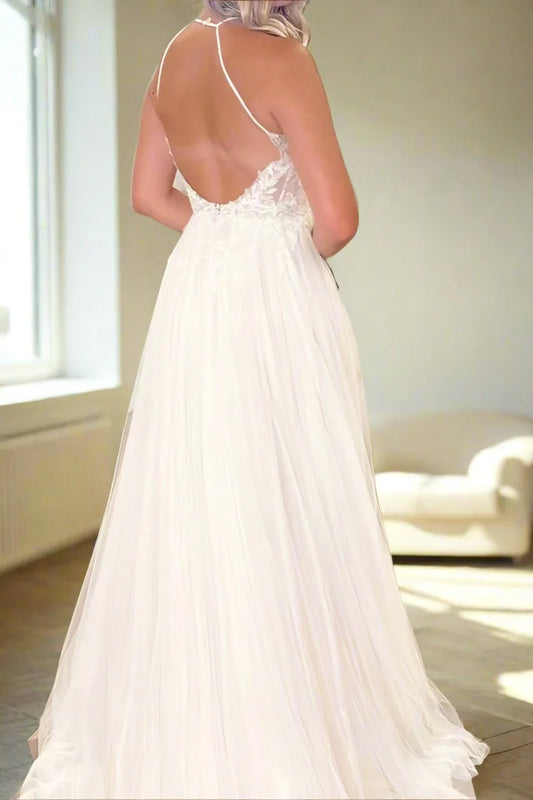 Halter Neck Wedding Dresses with Lace Applique Bodice, Tulle Skirt and Convertible Back Bridal Dress