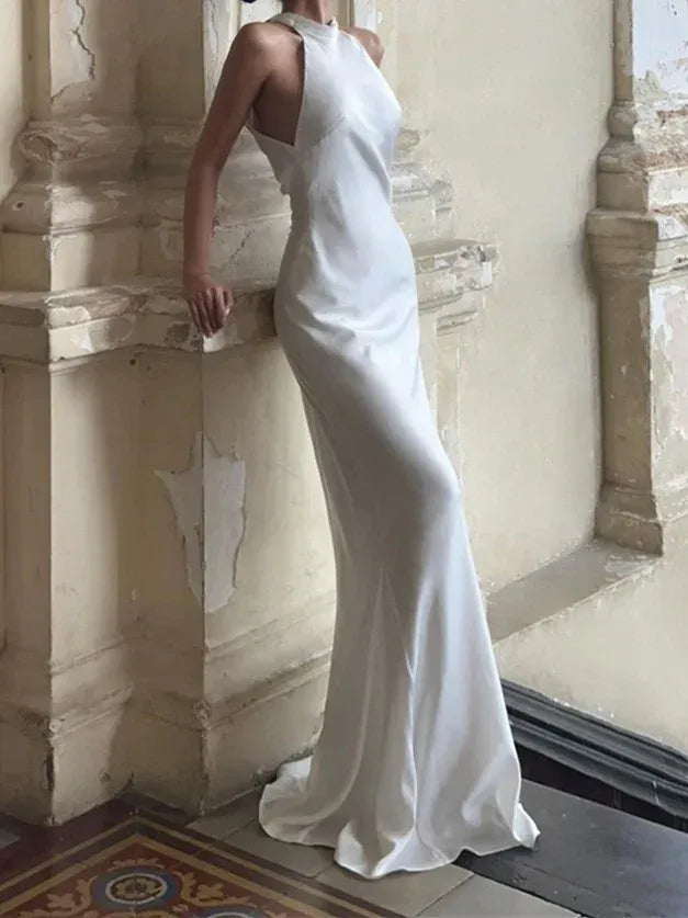 Mermaid Halter Satin Open Back Wedding Dress - Yihuiw by Yihuiw