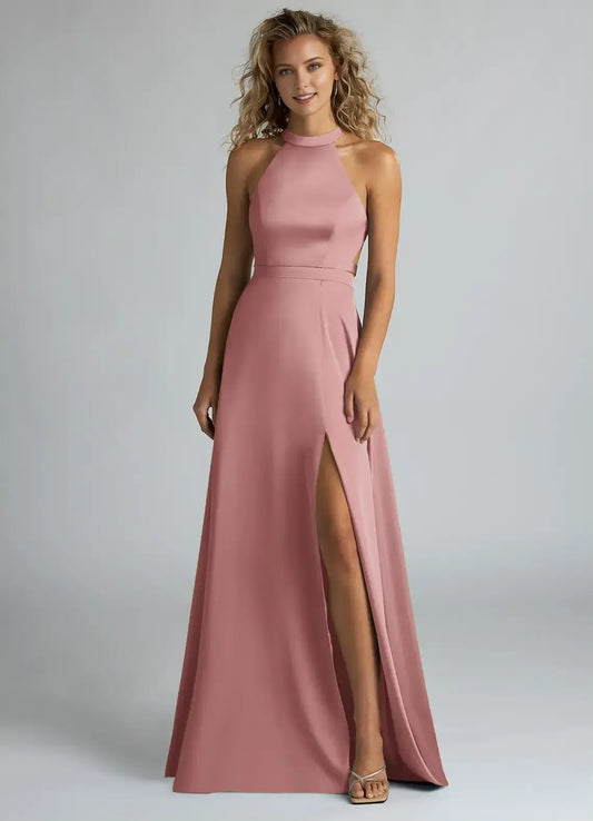 A-Line High Neck Satin High Slit Wedding Dress - Yihuiw by Yihuiw
