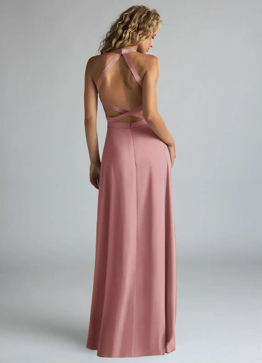 A-Line High Neck Satin High Slit Wedding Dress - Yihuiw by Yihuiw